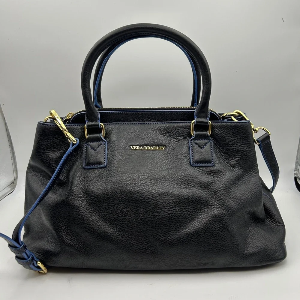 Vera Bradley Satchel Bag Womens Large Black Blue Excellent Leather‎ Crossbody